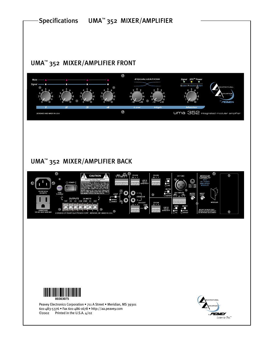 352 mixer/amplifier specifications, 352 mixer/amplifier front uma, 352 mixer/amplifier back | Peavey UMA 352 User Manual | Page 4 / 4