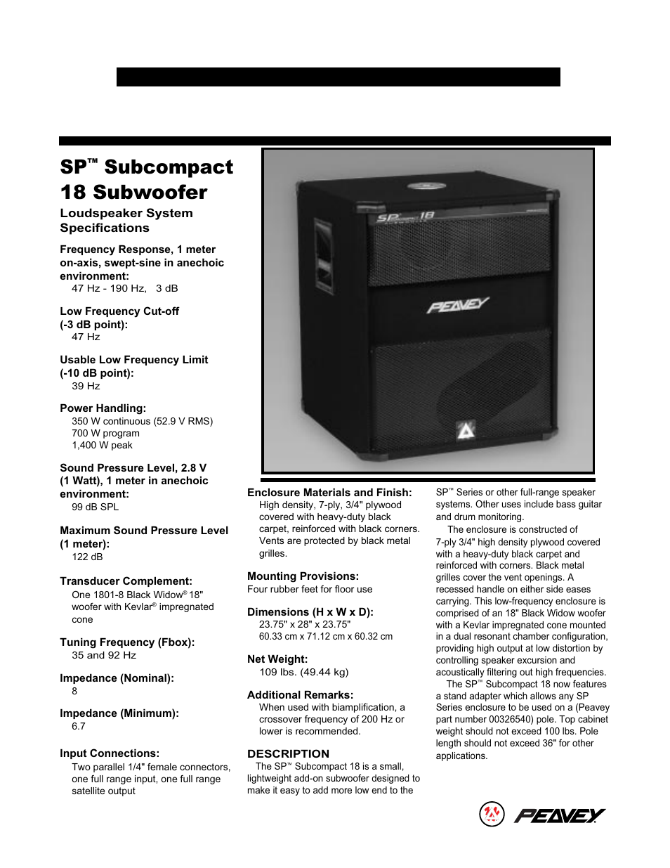 Peavey 18 User Manual | 2 pages
