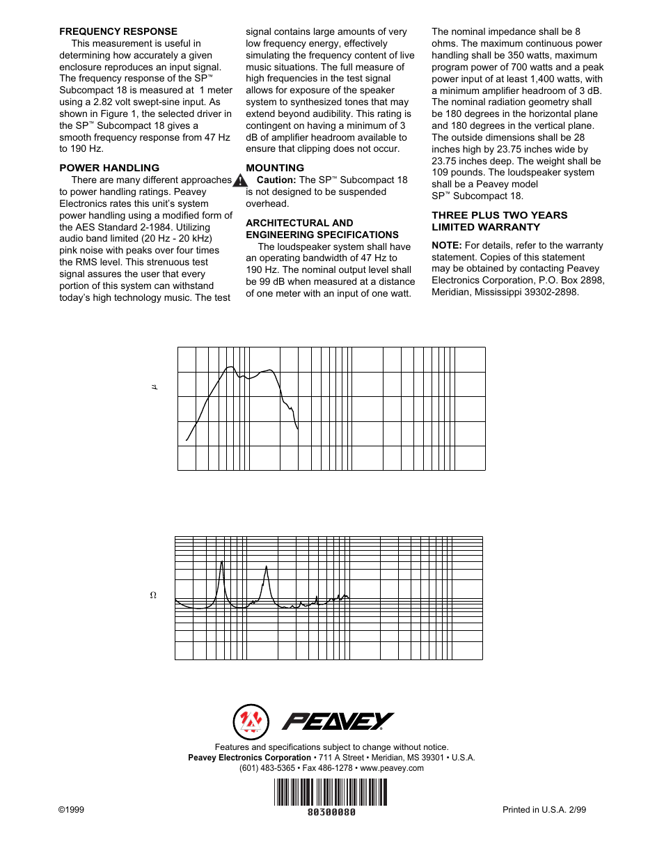 Amplitude response (1w 1m on-axis), Impedance, Figure 1 | Figure 2 | Peavey 18 User Manual | Page 2 / 2