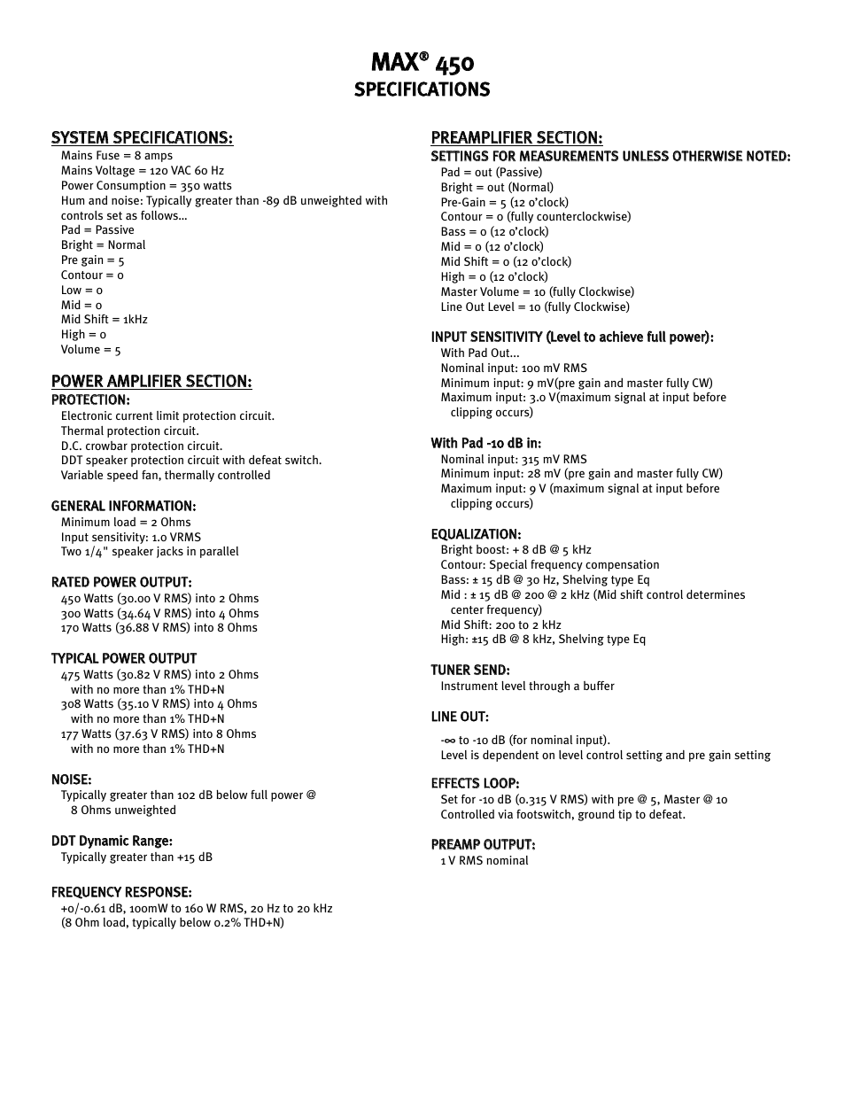 Mma ax x, Ssp pe ec ciif fiic ca at tiio on ns s | Peavey Max 450 User Manual | Page 8 / 28