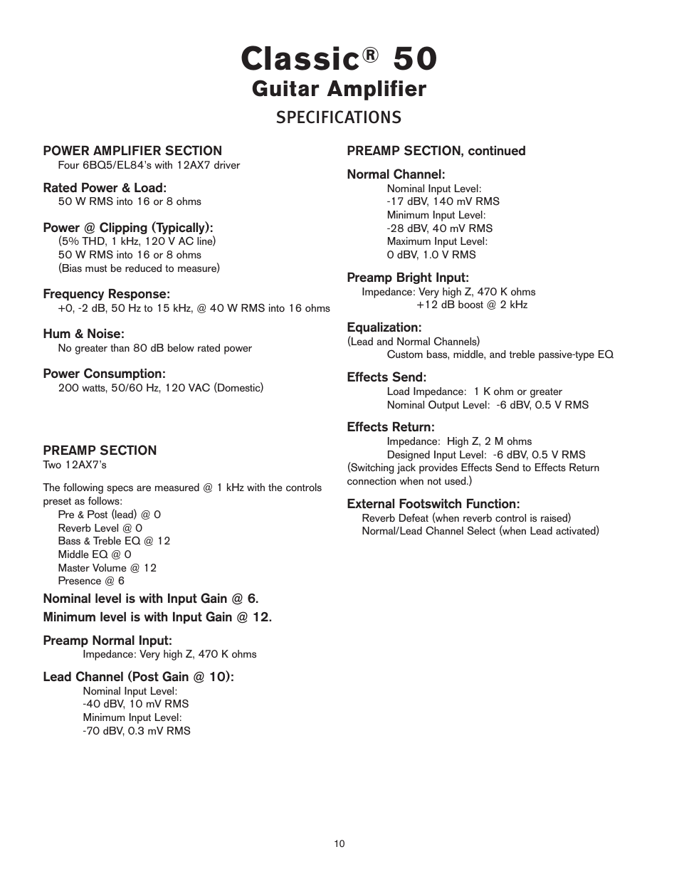 Classic, Guitar amplifier, Specifications | Peavey 50 410 User Manual | Page 10 / 24