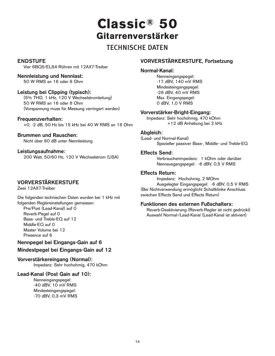 Classic, Gitarrenverstärker, Technische daten | Peavey 50 410 User Manual | Page 14 / 24