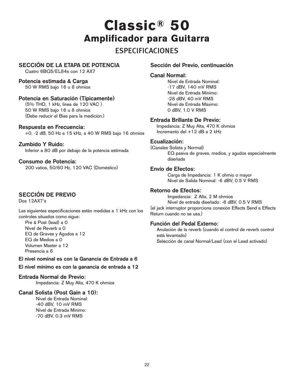Classic, Amplificador para guitarra, Especificaciones | Peavey 50 410 User Manual | Page 22 / 24