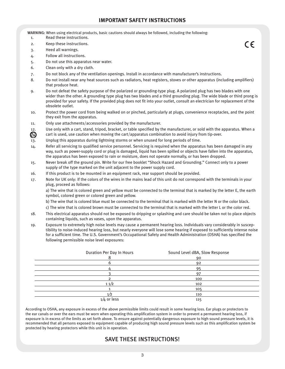 Save these instructions, Important safety instructions | Peavey 50 410 User Manual | Page 3 / 24