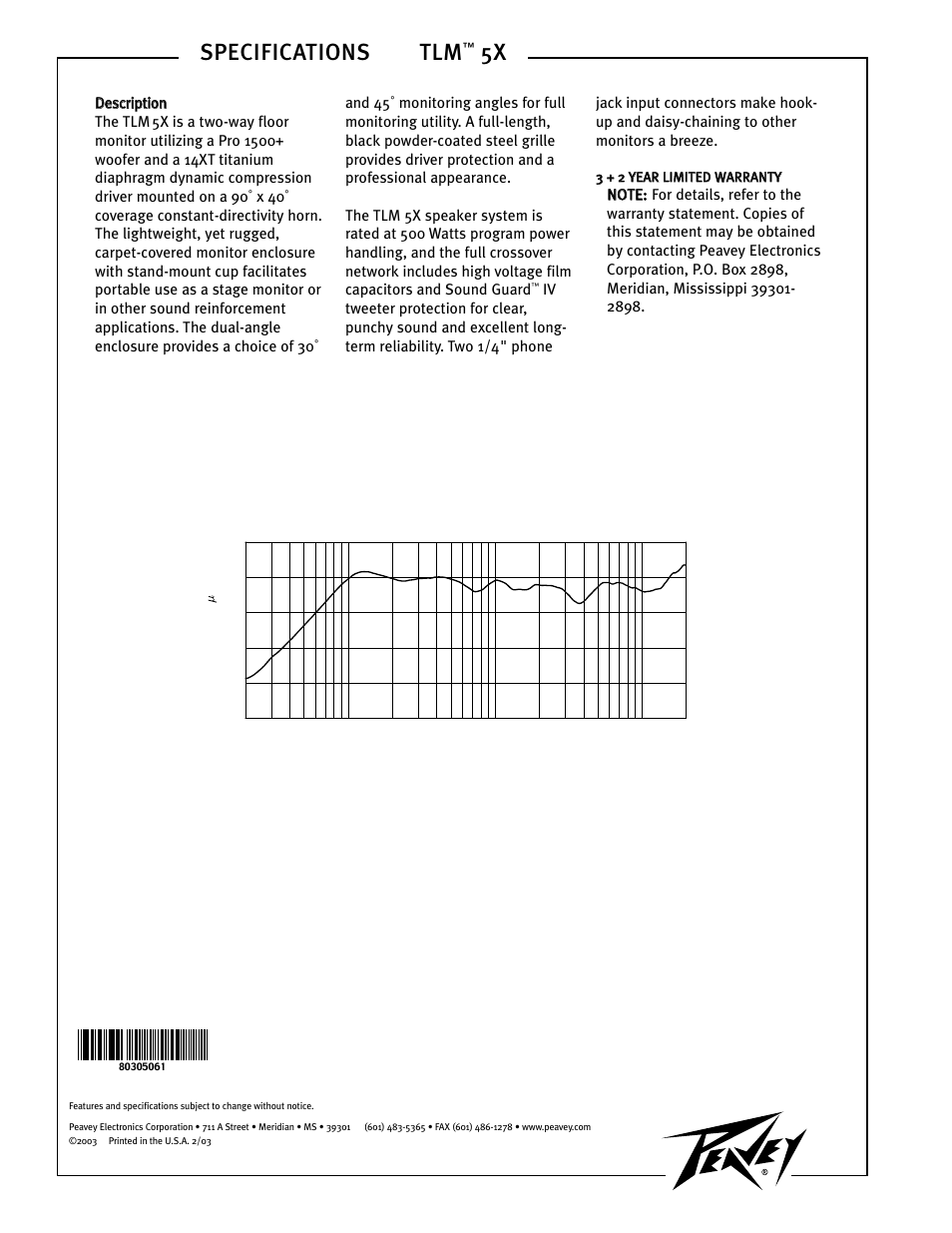 Specifications tlm, Amplitude response (1w 1m on-axis) | Peavey TLM 5X User Manual | Page 2 / 2