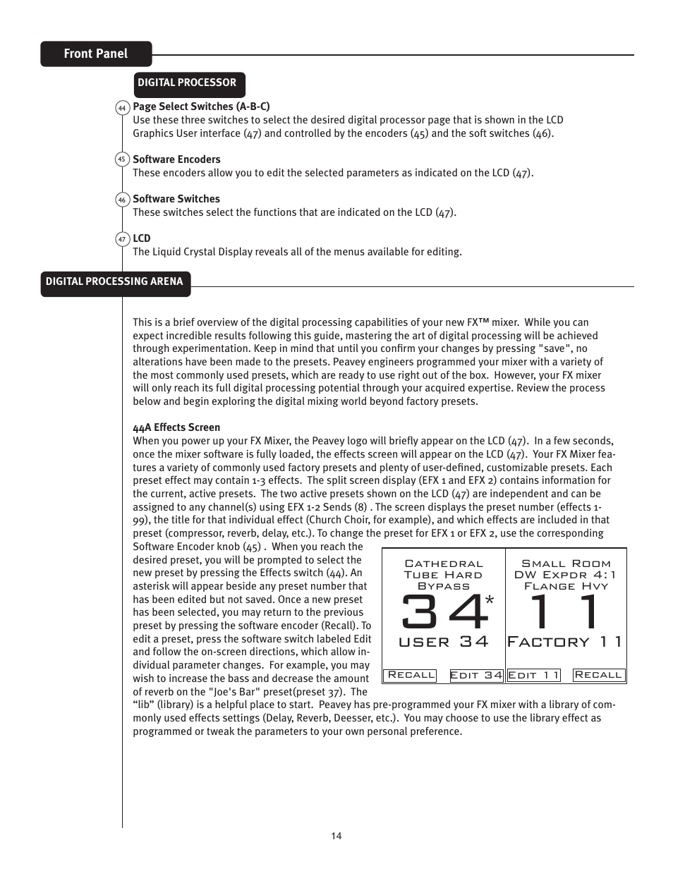 User 34, Factory 11 | Peavey FX Mixer Series User Manual | Page 14 / 28