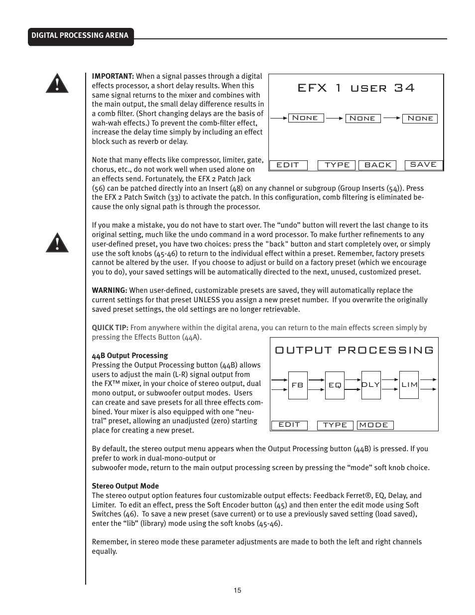 Efx 1 user 34, Output processing | Peavey FX Mixer Series User Manual | Page 15 / 28