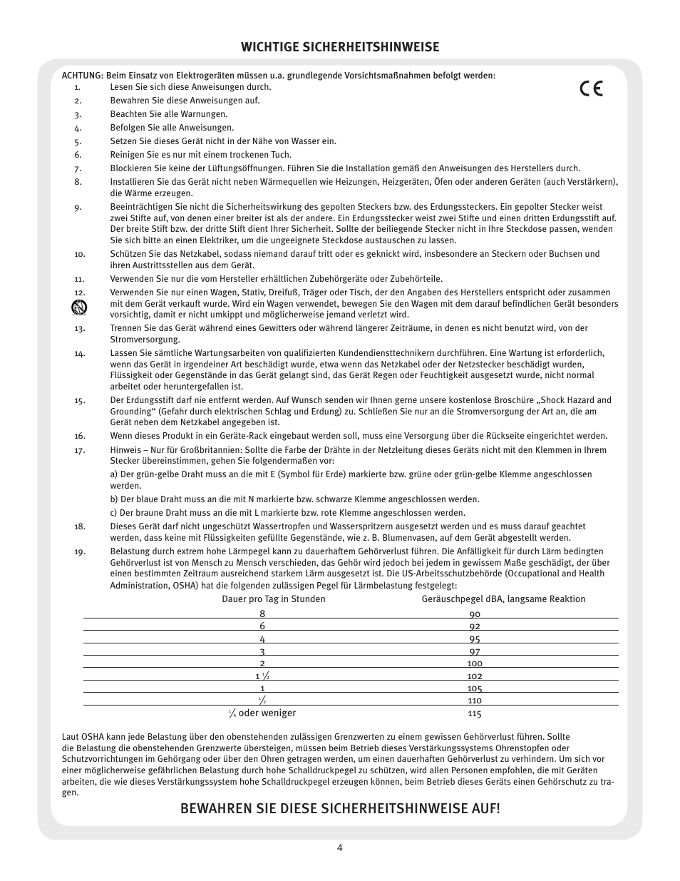 Bewahren sie diese sicherheitshinweise auf, Wichtige sicherheitshinweise | Peavey FX Mixer Series User Manual | Page 4 / 28