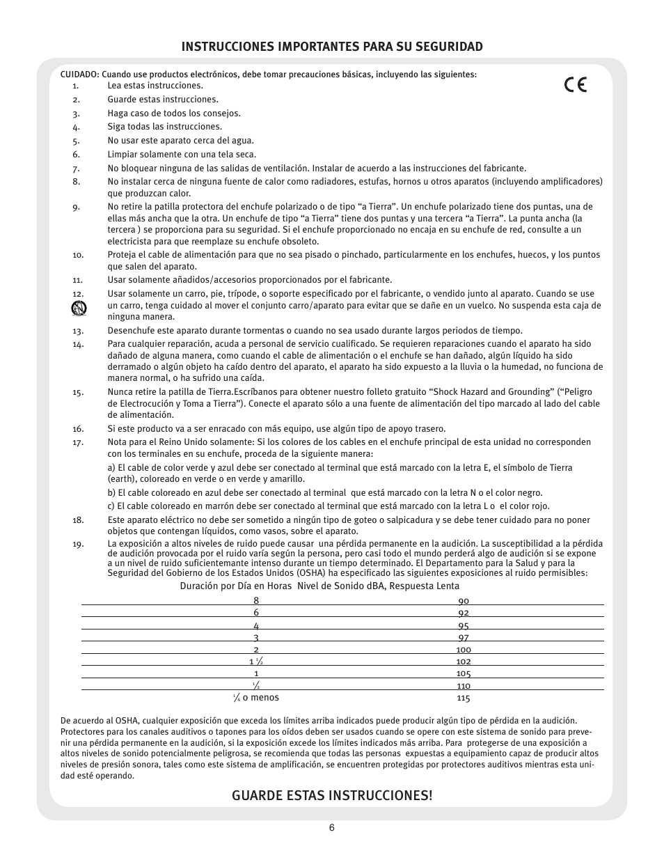 Guarde estas instrucciones, Instrucciones importantes para su seguridad | Peavey FX Mixer Series User Manual | Page 6 / 28