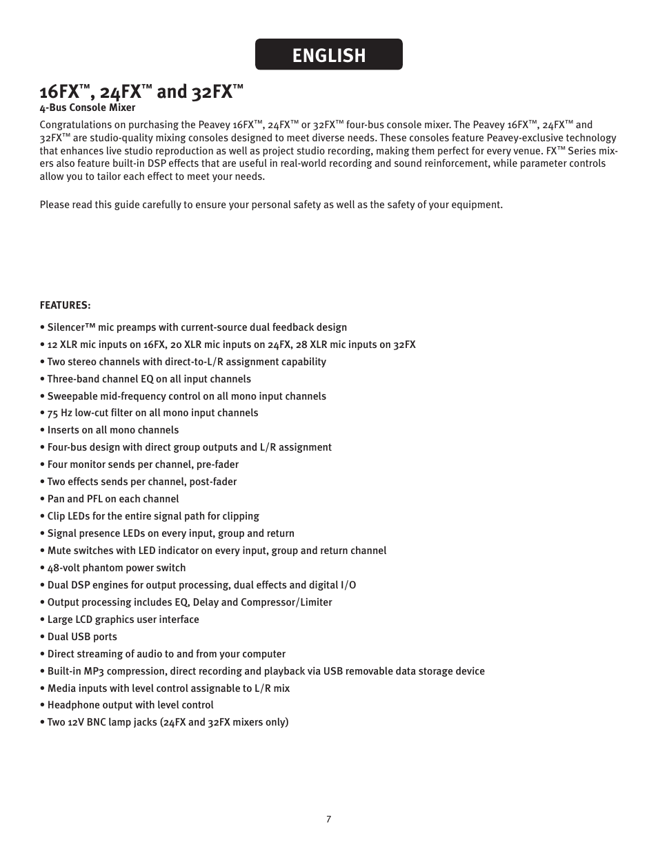 16fx, 24fx, And 32fx | English | Peavey FX Mixer Series User Manual | Page 7 / 28