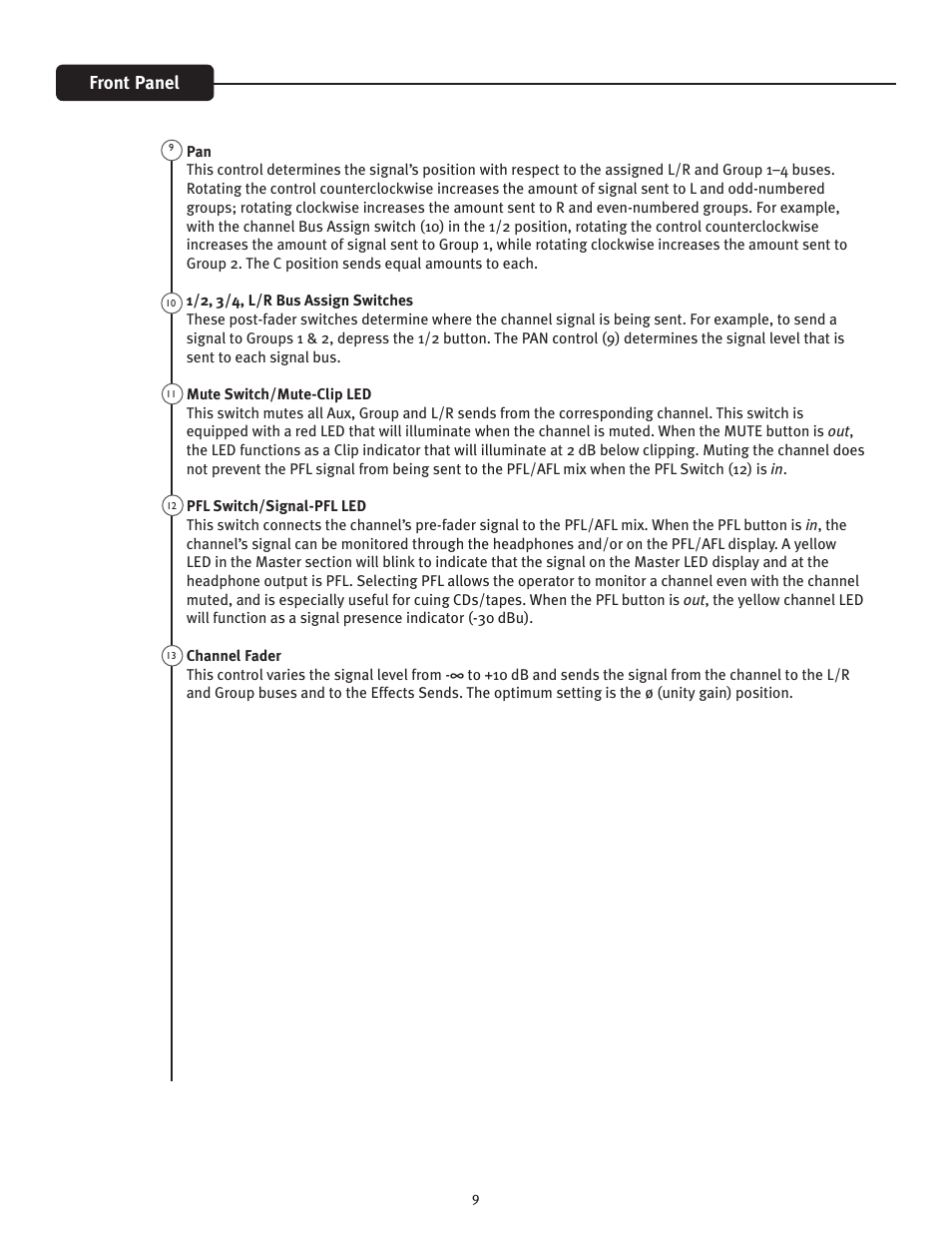 Front panel | Peavey FX Mixer Series User Manual | Page 9 / 28