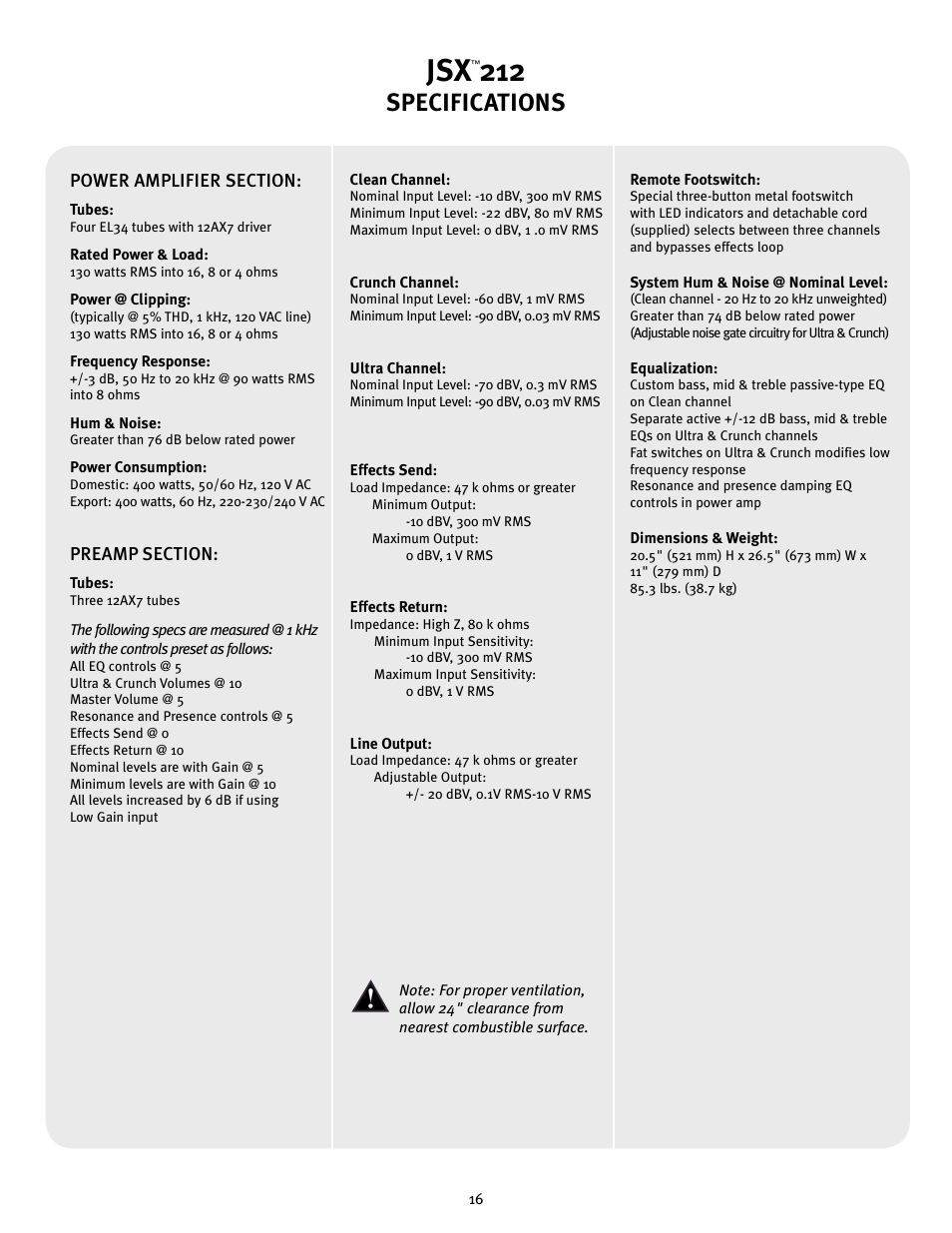 Jsx 212, Specifications | Peavey JSX 212 User Manual | Page 16 / 48