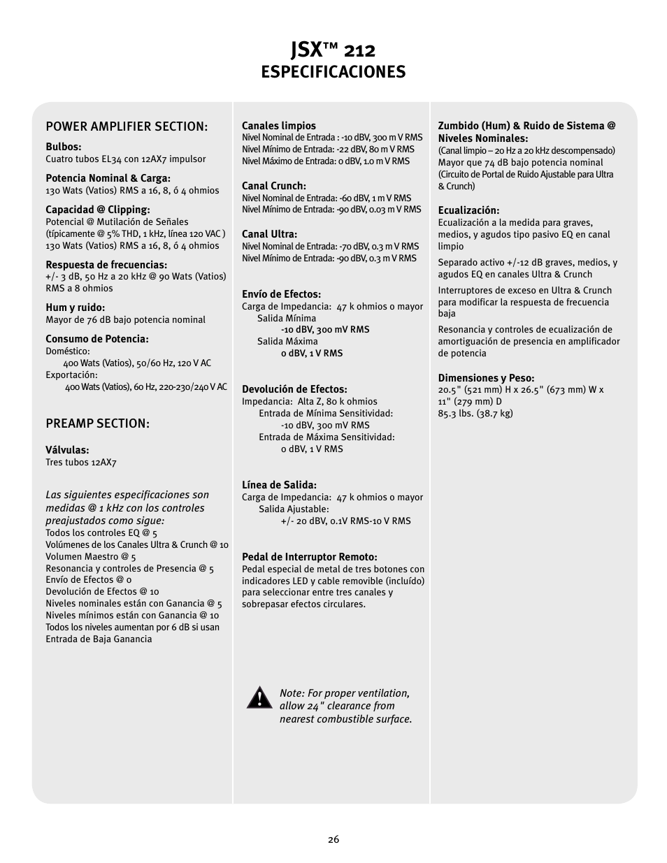Especificaciones | Peavey JSX 212 User Manual | Page 26 / 48