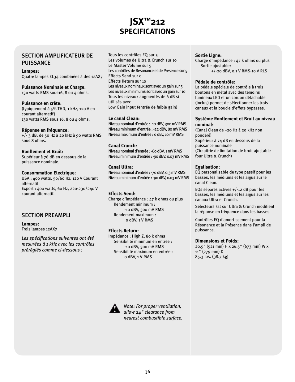 Specifications | Peavey JSX 212 User Manual | Page 36 / 48