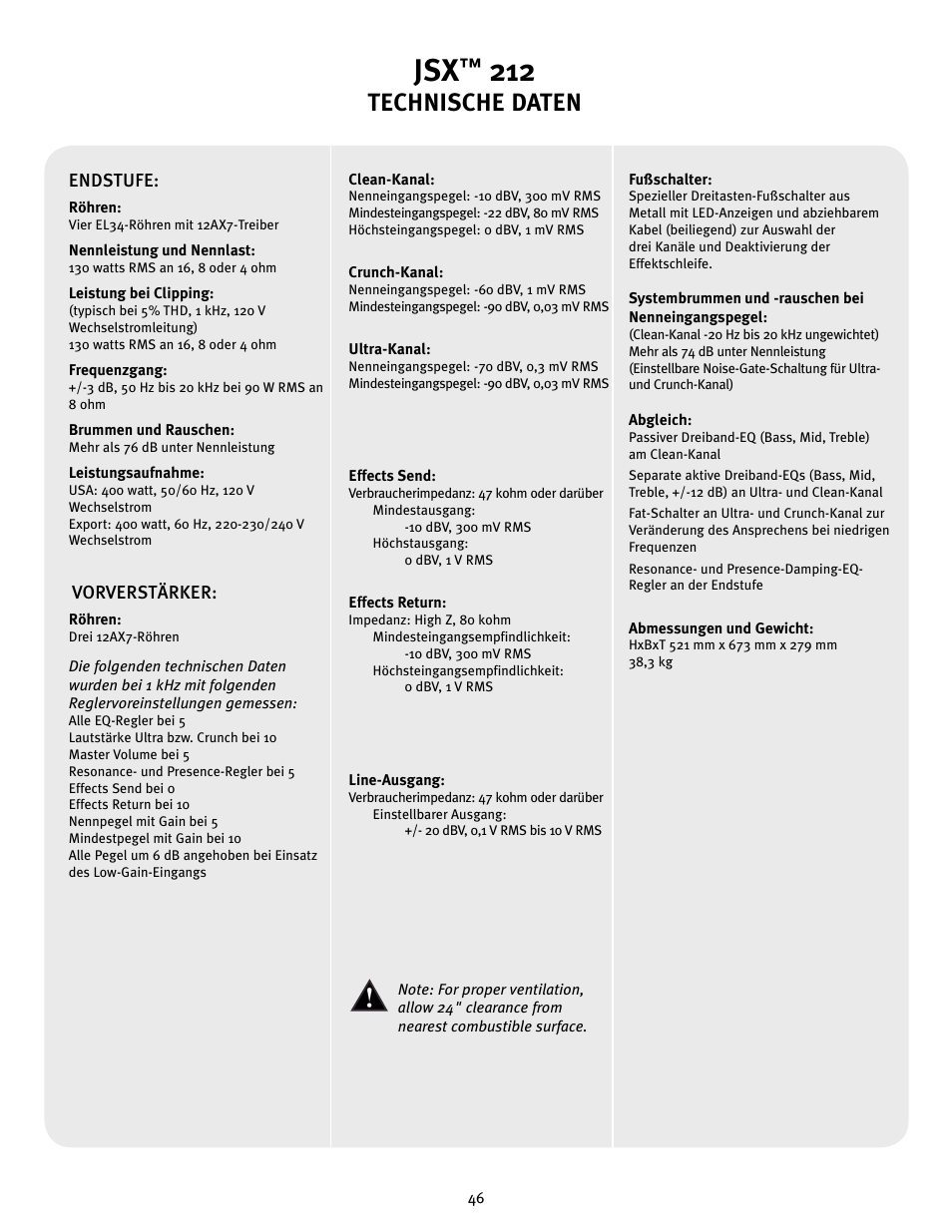 Technische daten | Peavey JSX 212 User Manual | Page 46 / 48