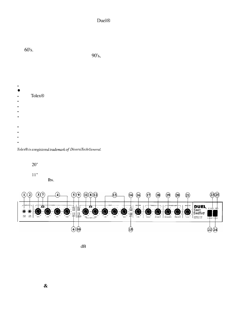 Features, Preamp, Volume control | High gain input (1), Low gain input (2), Gain (3), Low, mid, high eq (4) | Peavey Duel 212 User Manual | Page 3 / 24