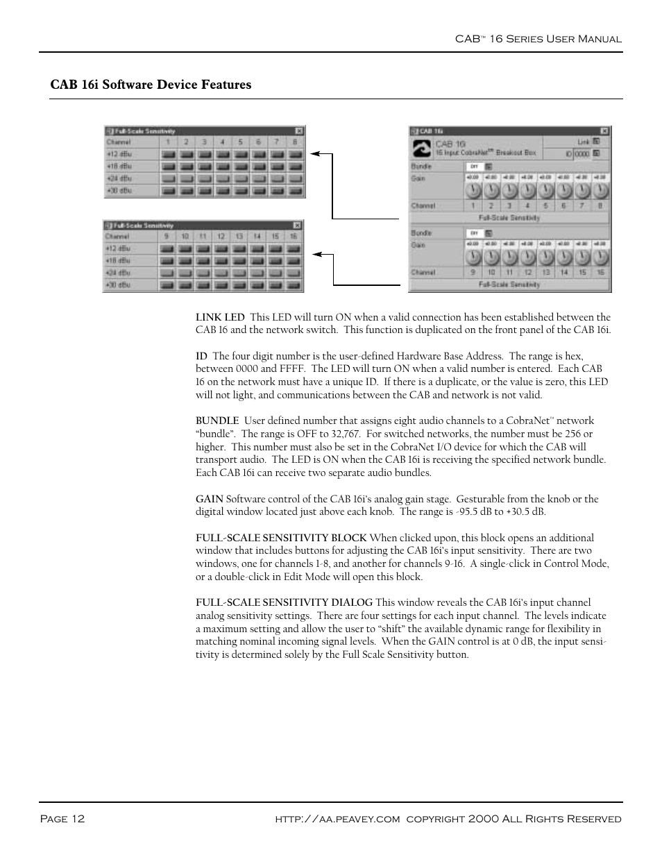 Software device features, Cab 16i, Typical network connections (figure 4) | Cab 16i software device features | Peavey COBRANET AUDIO BRIDGE CAB 16D User Manual | Page 12 / 41