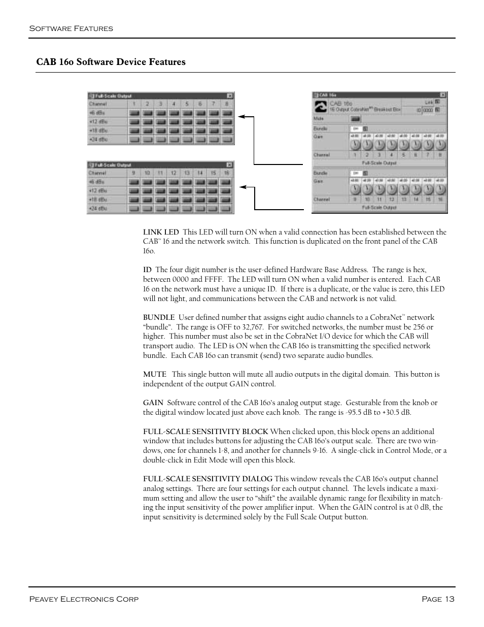 Cab 16o, Cab 16o software device features | Peavey COBRANET AUDIO BRIDGE CAB 16D User Manual | Page 13 / 41