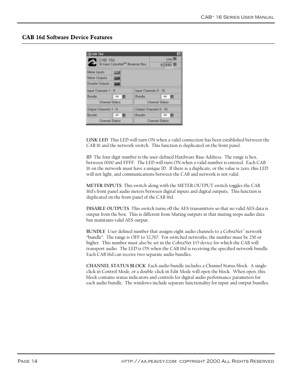 Cab 16d, Cab 16d software device features | Peavey COBRANET AUDIO BRIDGE CAB 16D User Manual | Page 14 / 41