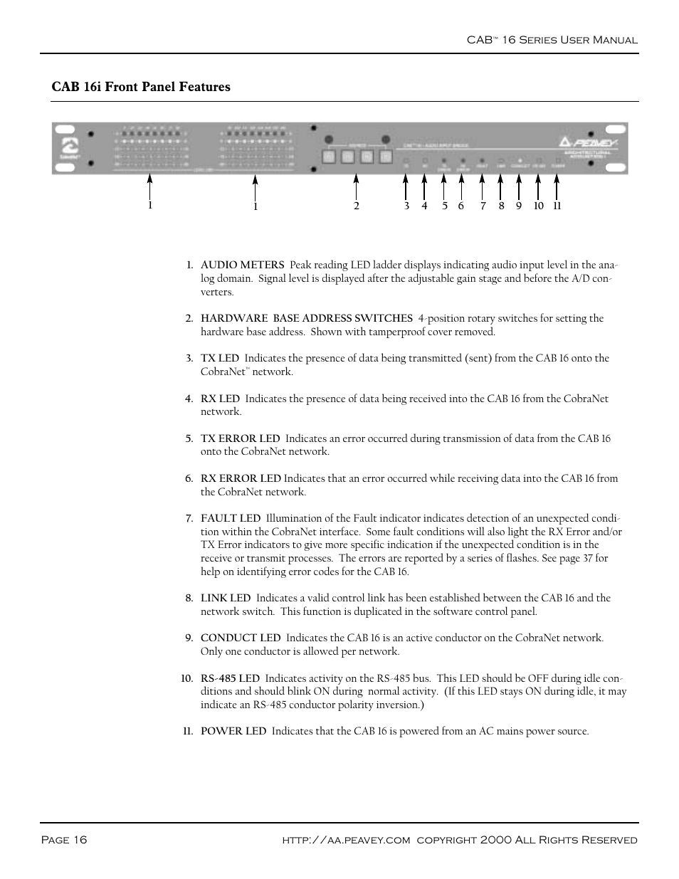 Panel features, Cab 16i, Front panel | Cab 16i front panel | Peavey COBRANET AUDIO BRIDGE CAB 16D User Manual | Page 16 / 41