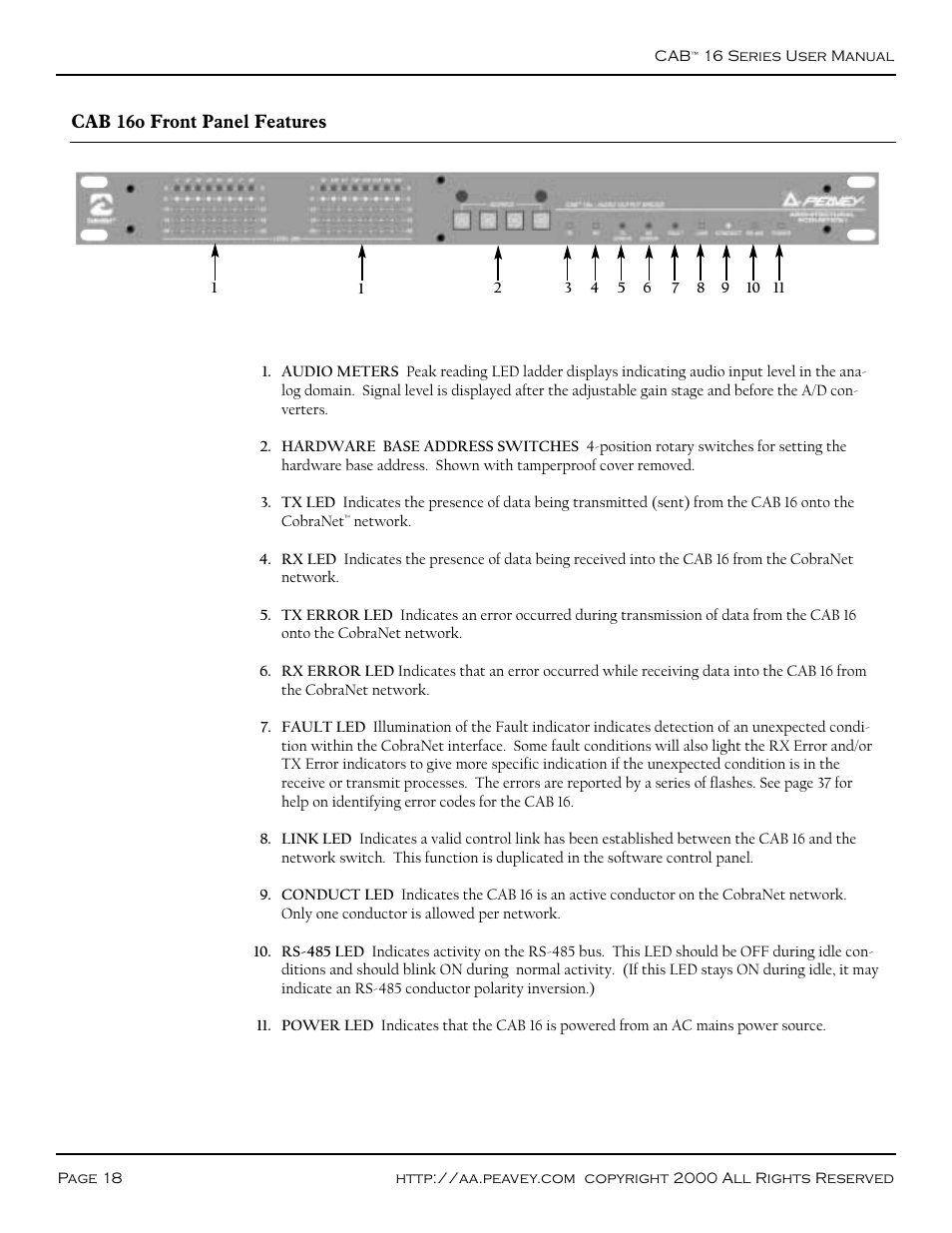 Cab 16o, Front panel, Cab 16o front panel | Peavey COBRANET AUDIO BRIDGE CAB 16D User Manual | Page 18 / 41