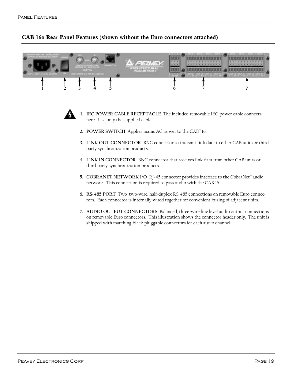 Rear panel, Cab 16o rear panel | Peavey COBRANET AUDIO BRIDGE CAB 16D User Manual | Page 19 / 41