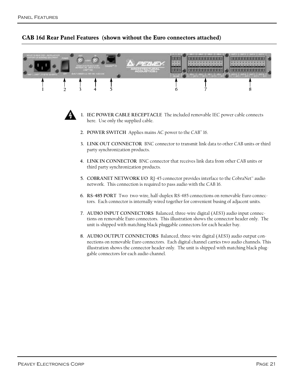 Rear panel, Cab 16d rear panel | Peavey COBRANET AUDIO BRIDGE CAB 16D User Manual | Page 21 / 41