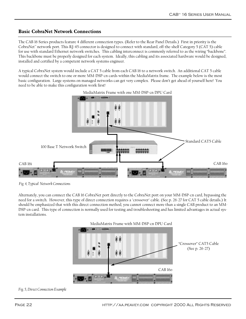 Connections, Cobranet, Direct connection example (figure 5) | Basic cobranet network connections | Peavey COBRANET AUDIO BRIDGE CAB 16D User Manual | Page 22 / 41