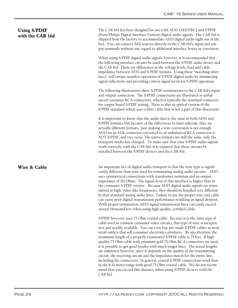 S/pdif, Wire & cable | Peavey COBRANET AUDIO BRIDGE CAB 16D User Manual | Page 24 / 41