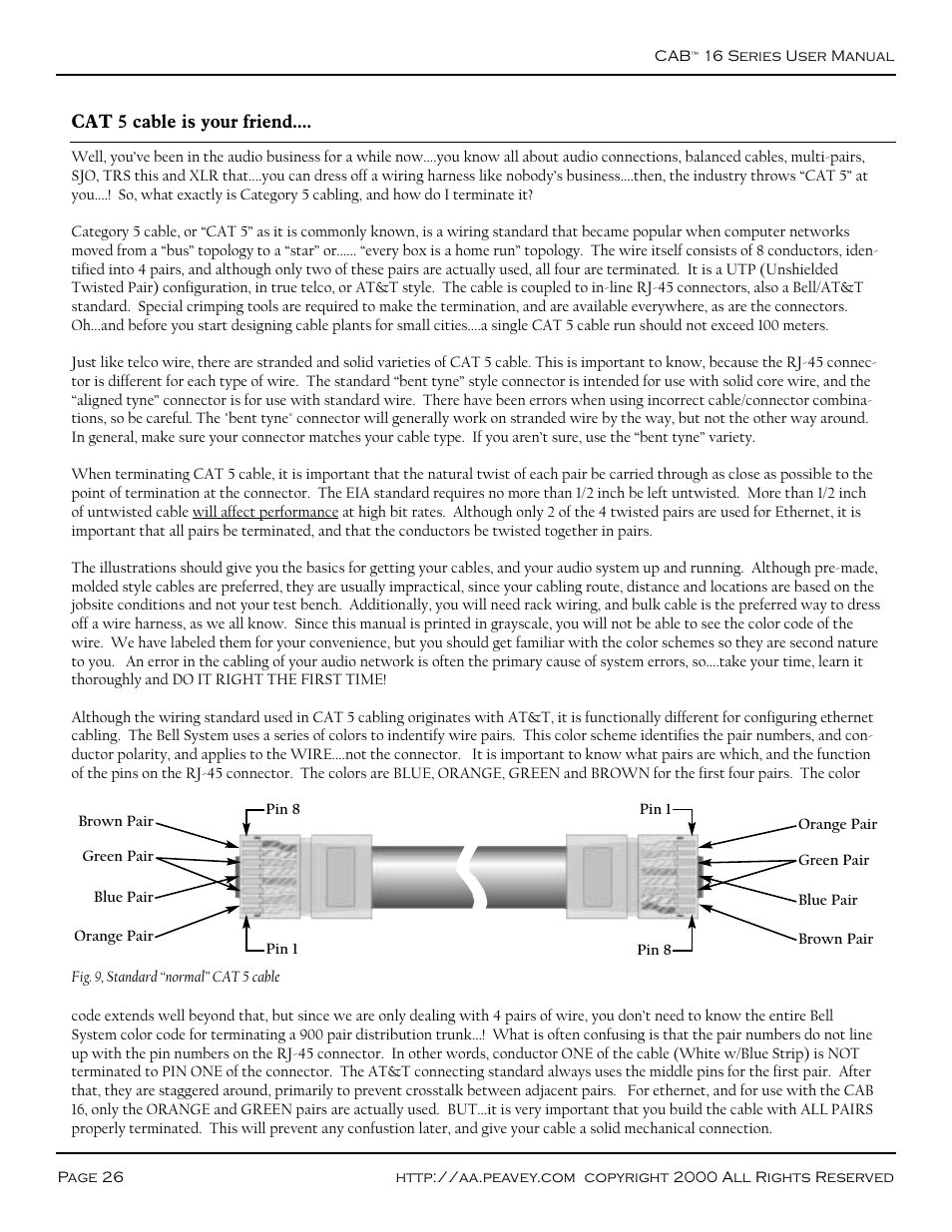 Cat 5 cable is your friend, Standard “normal” cat 5 cable (figure 9) | Peavey COBRANET AUDIO BRIDGE CAB 16D User Manual | Page 26 / 41