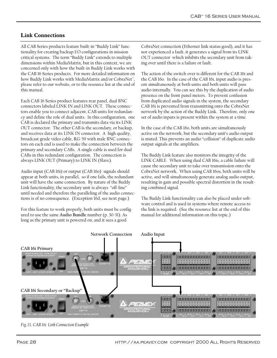 Link connections, Linking, Cab 16i link connection example (figure 13) | Peavey COBRANET AUDIO BRIDGE CAB 16D User Manual | Page 28 / 41