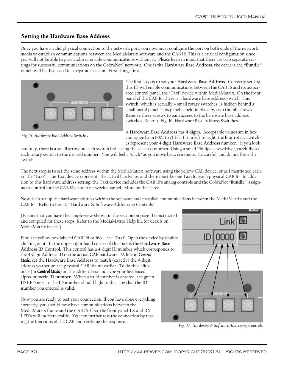 Setting the hardware base address, Hardware base address switches (figure 16) | Peavey COBRANET AUDIO BRIDGE CAB 16D User Manual | Page 30 / 41