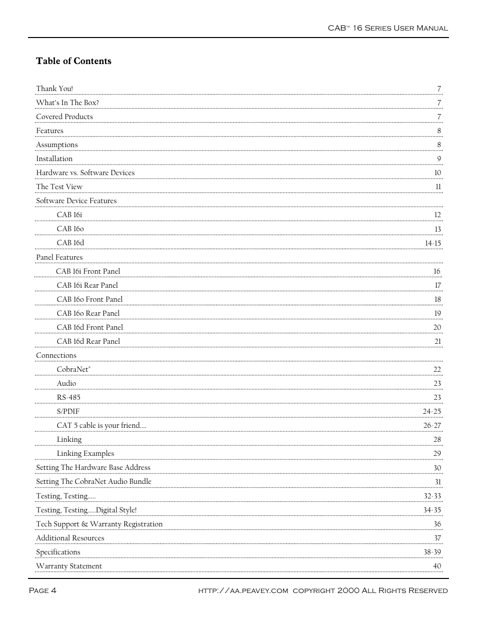 Peavey COBRANET AUDIO BRIDGE CAB 16D User Manual | Page 4 / 41