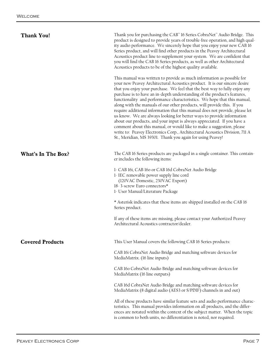 Thank you, What's in the box, Covered products | What’s in the box | Peavey COBRANET AUDIO BRIDGE CAB 16D User Manual | Page 7 / 41