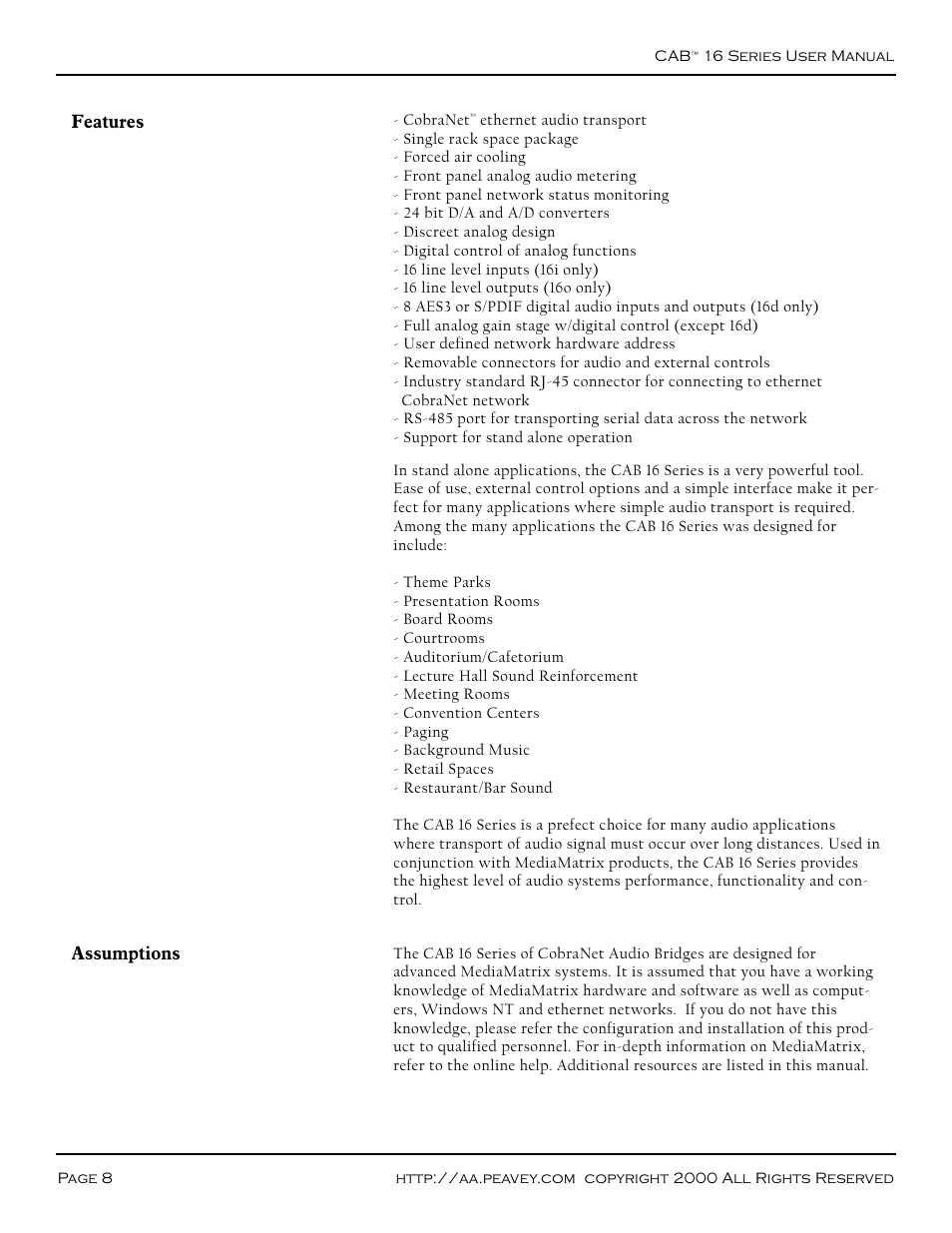 Features, Assumptions, Features assumptions | Peavey COBRANET AUDIO BRIDGE CAB 16D User Manual | Page 8 / 41