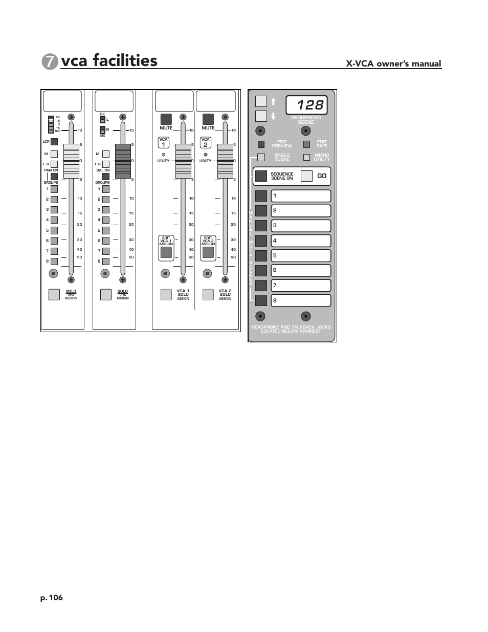 Vca facilities, X-vca owner’s manual, Inputs and outputs | Micro control panel, P. 106 | Peavey X-VCA User Manual | Page 106 / 142