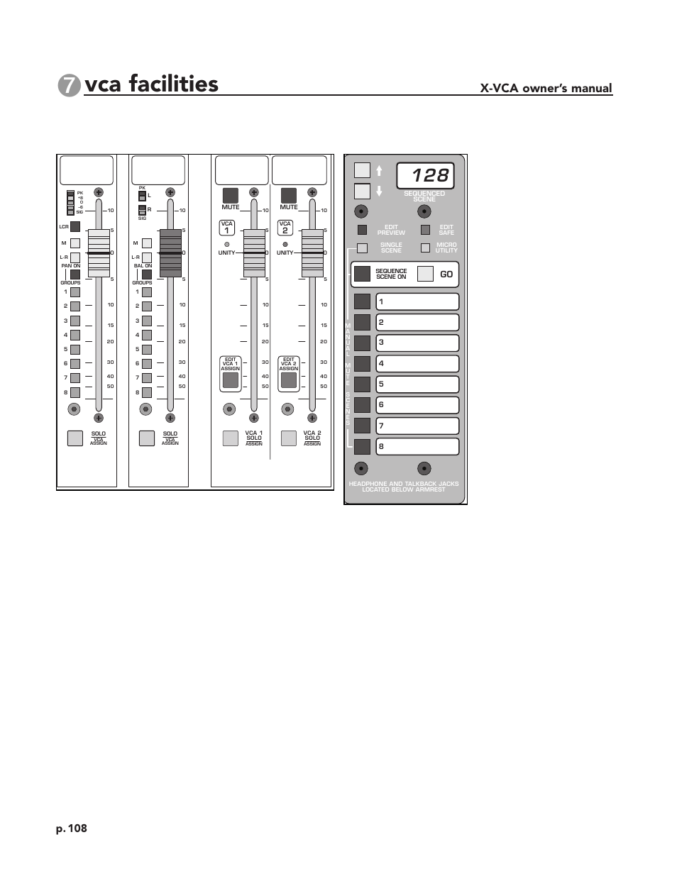 Vca facilities, X-vca owner’s manual, Inputs and outputs | Micro control panel, P. 108 | Peavey X-VCA User Manual | Page 108 / 142