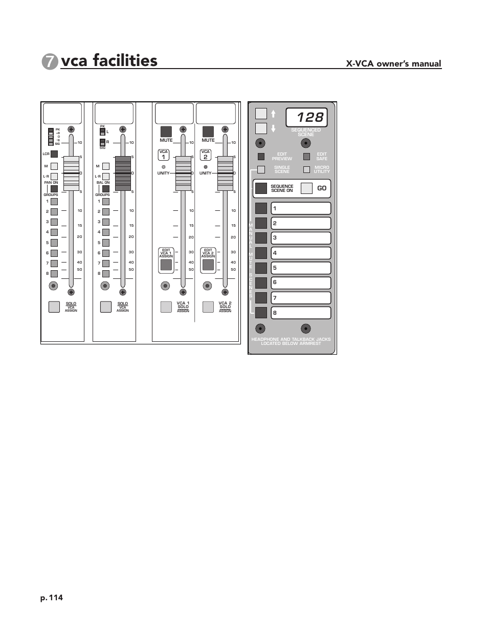 Vca facilities, X-vca owner’s manual, Inputs and outputs | Micro control panel, P. 114 | Peavey X-VCA User Manual | Page 114 / 142