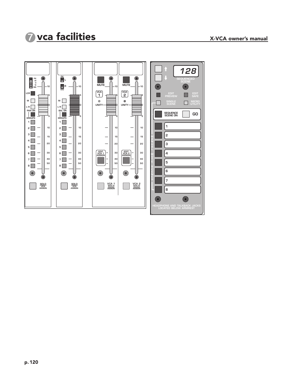 Vca facilities, X-vca owner’s manual, Inputs and outputs | Micro control panel, P. 120 | Peavey X-VCA User Manual | Page 120 / 142