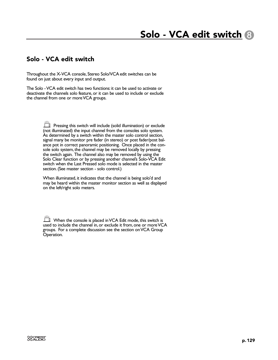 Solo - vca edit switch | Peavey X-VCA User Manual | Page 129 / 142