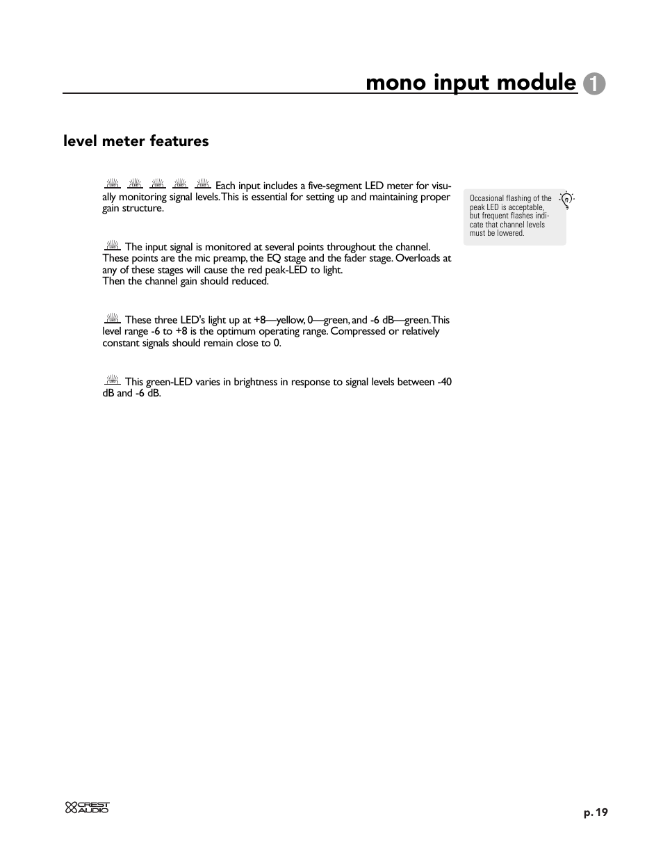 Mono input module, Level meter features | Peavey X-VCA User Manual | Page 19 / 142