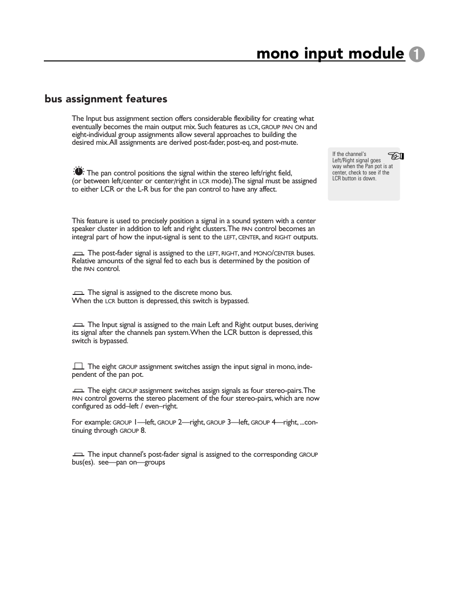 Mono input module, Bus assignment features | Peavey X-VCA User Manual | Page 21 / 142