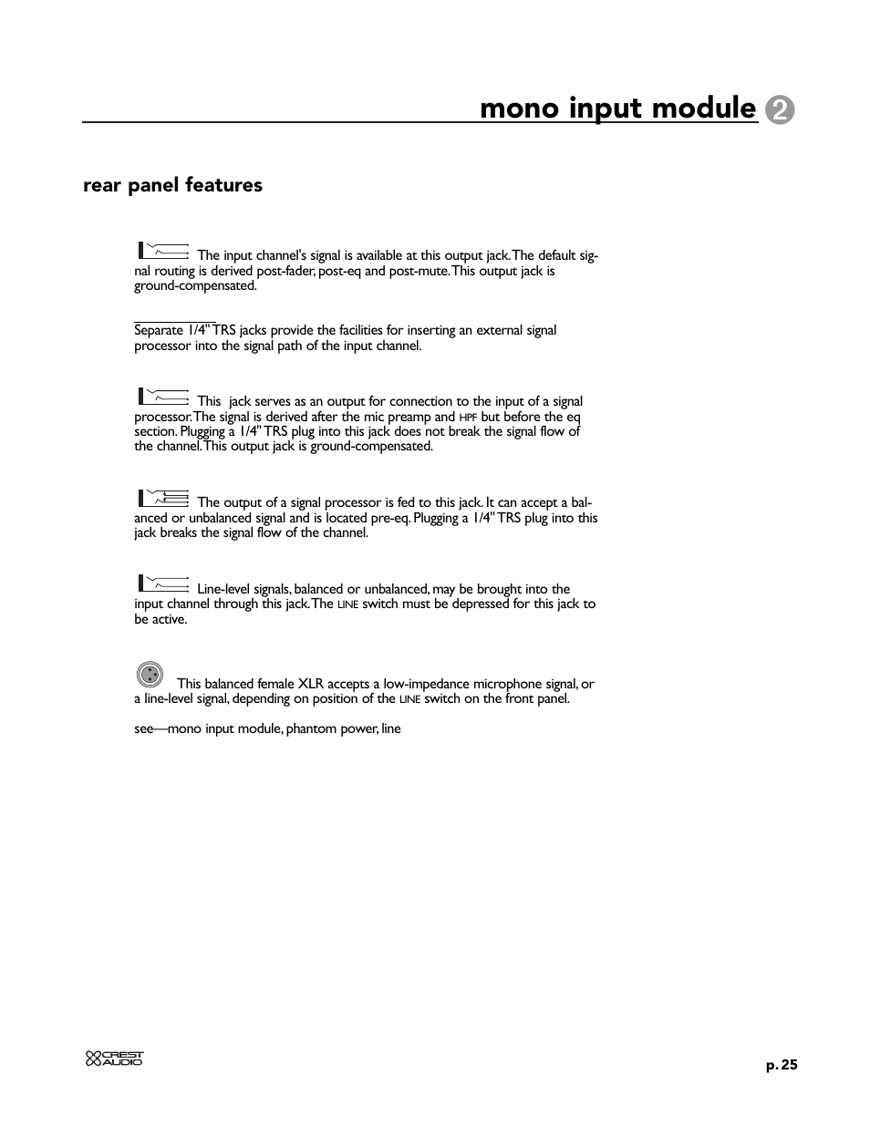 Mono input module, Rear panel features | Peavey X-VCA User Manual | Page 25 / 142