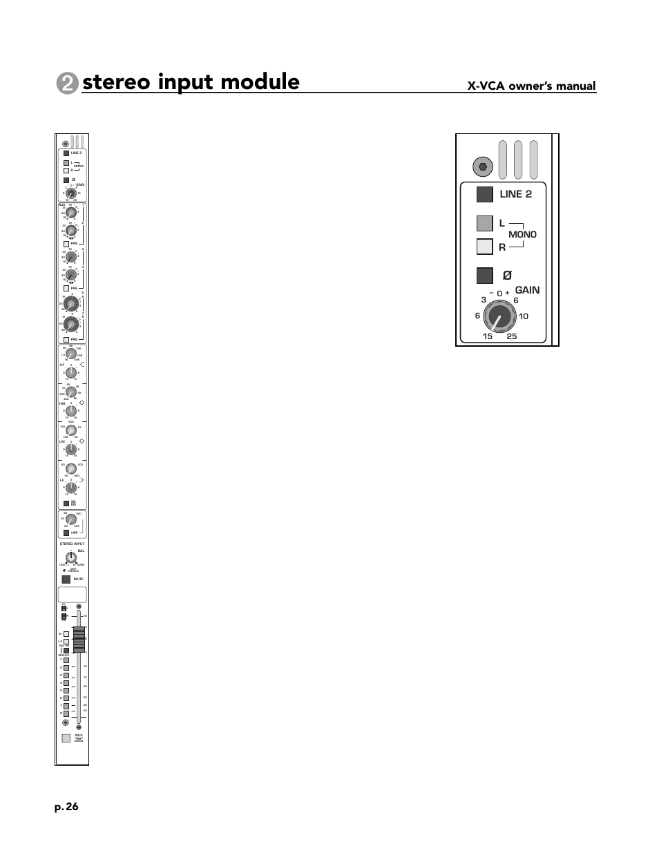 Stereo input module, X-vca owner’s manual, P. 26 | Gain, Line 2, Mono | Peavey X-VCA User Manual | Page 26 / 142