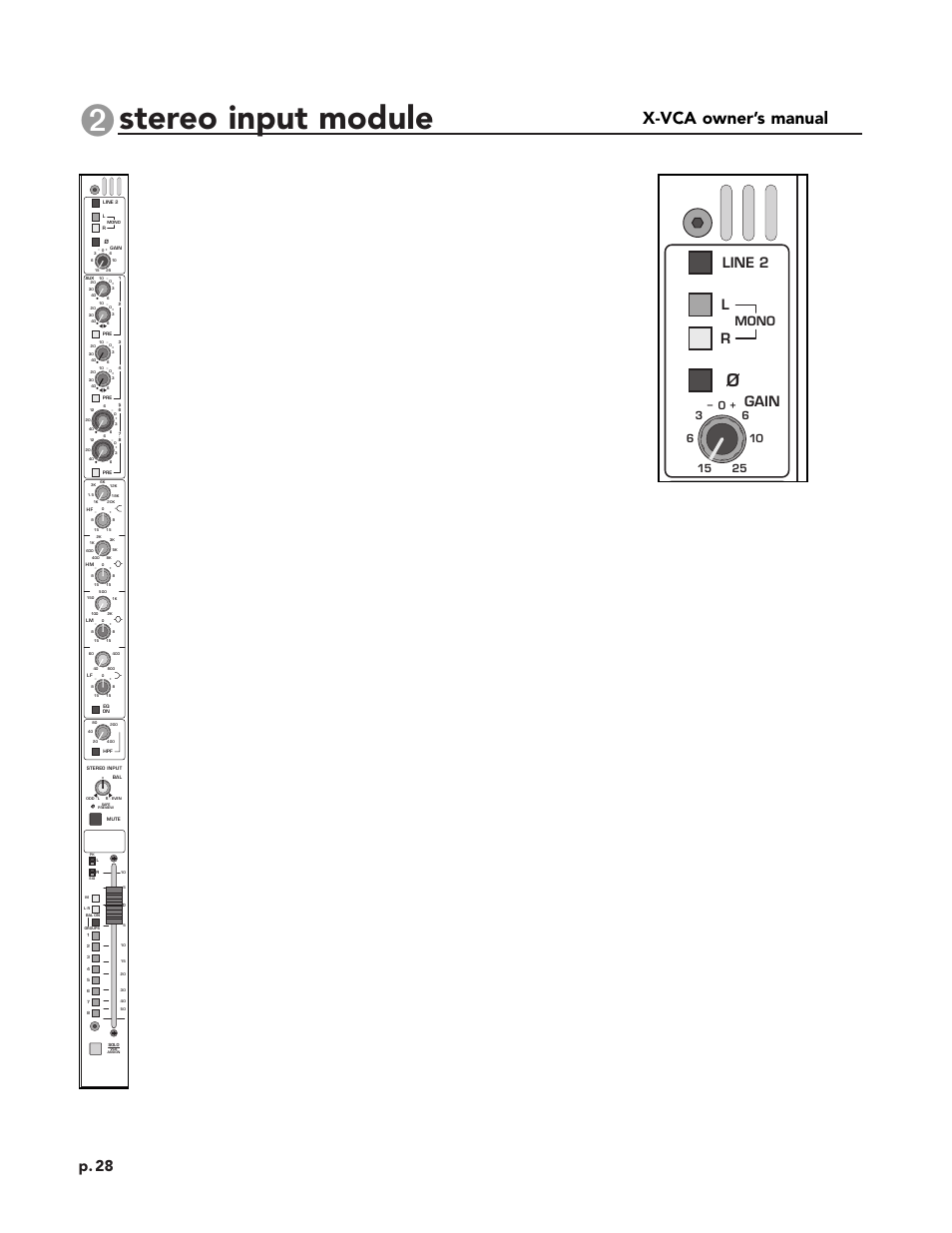 Stereo input module, X-vca owner’s manual, P. 28 | Gain, Line 2, Mono | Peavey X-VCA User Manual | Page 28 / 142