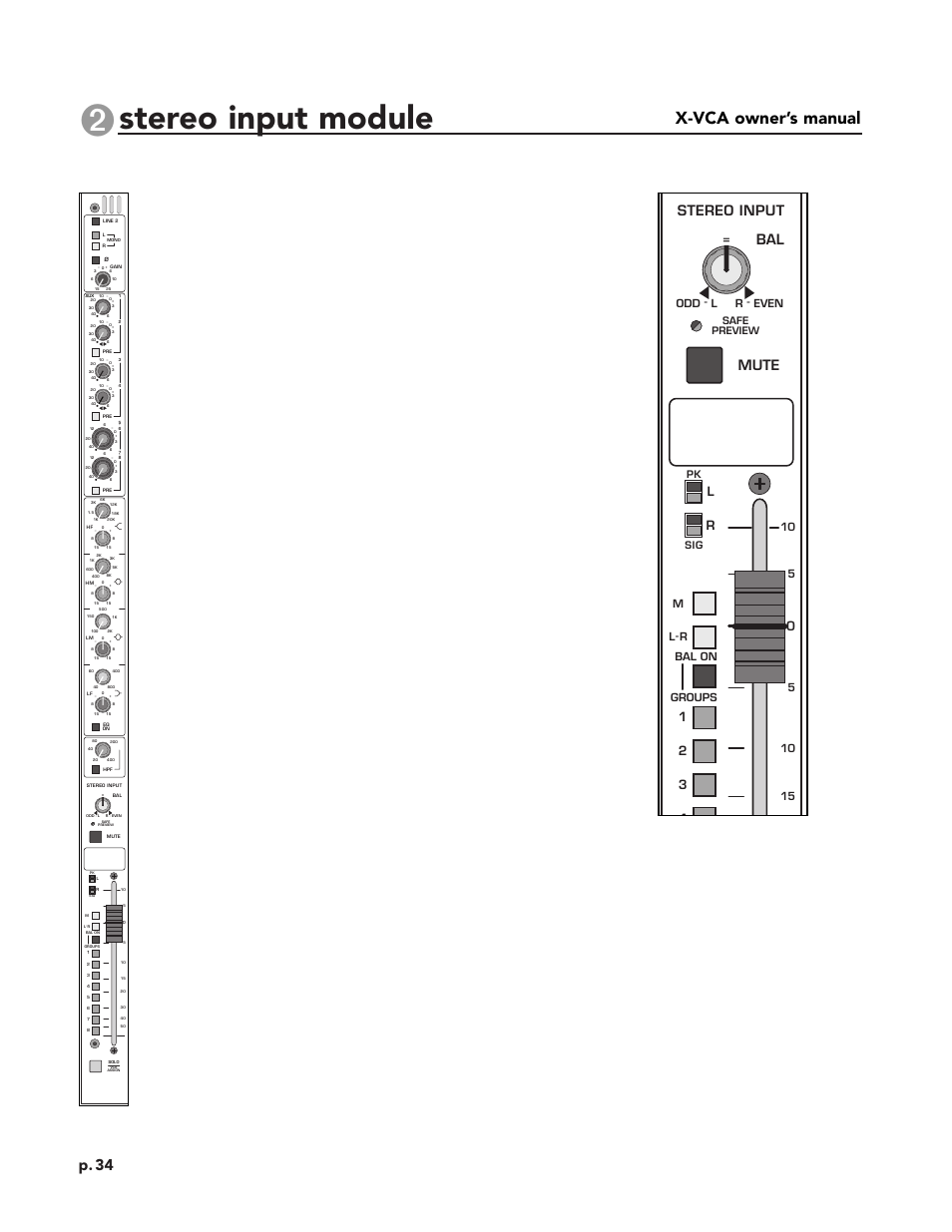 Stereo input module, X-vca owner’s manual, P. 34 | Bal stereo input mute, Pk sig, Odd - l r - even, Safe preview, Ml- r bal on groups 5 10 | Peavey X-VCA User Manual | Page 34 / 142