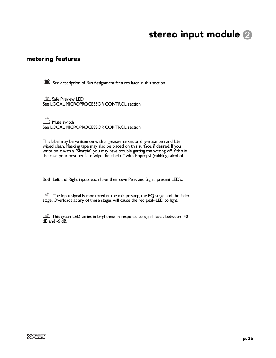 Stereo input module, Metering features | Peavey X-VCA User Manual | Page 35 / 142