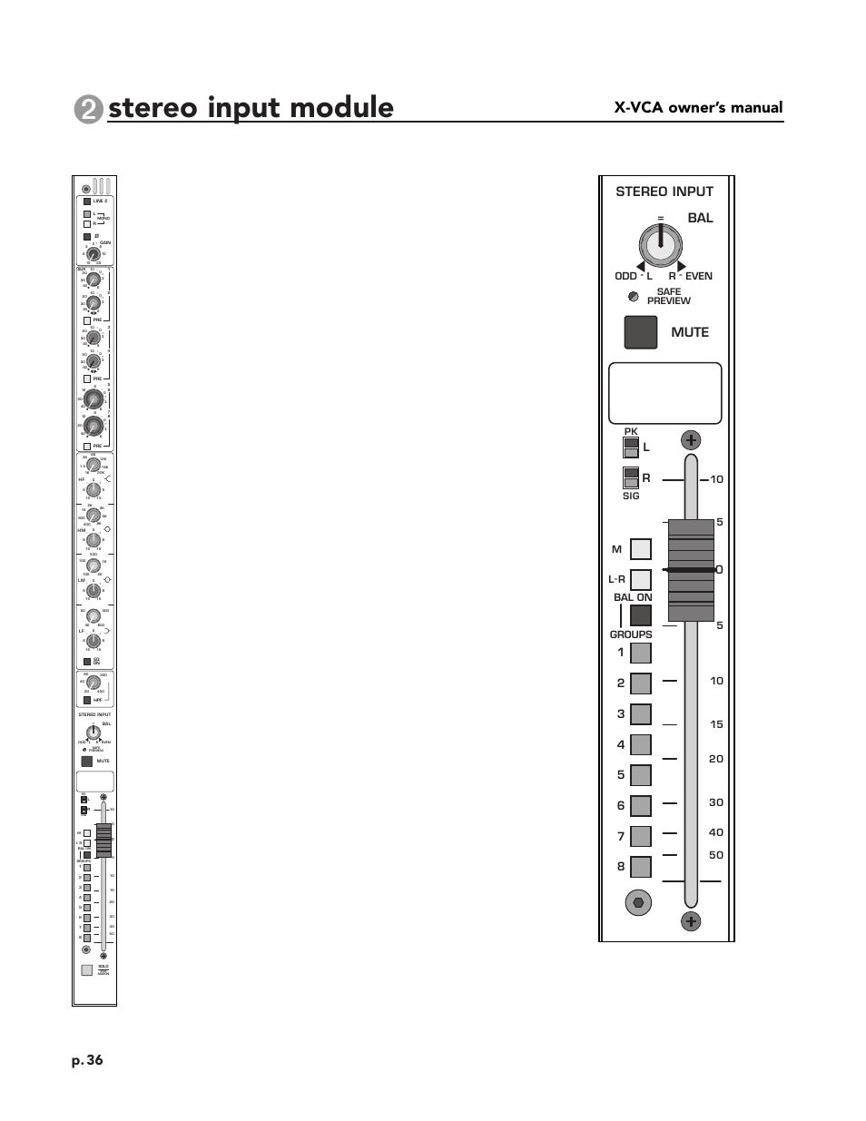 Stereo input module, X-vca owner’s manual, P. 36 | Bal stereo input mute, Pk sig, Odd - l r - even, Safe preview, Ml- r bal on groups 5 10 | Peavey X-VCA User Manual | Page 36 / 142