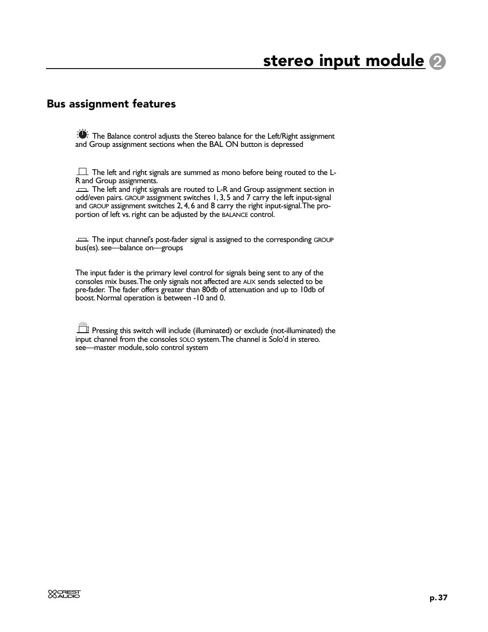 Stereo input module, Bus assignment features | Peavey X-VCA User Manual | Page 37 / 142