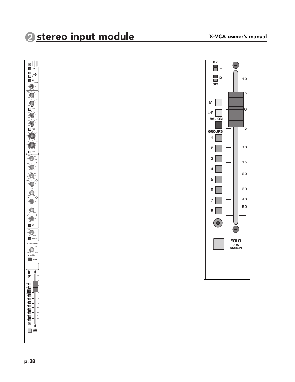 Stereo input module, X-vca owner’s manual, P. 38 | Solo, Pk sig, Ml- r bal on groups 5 10, Vca assign | Peavey X-VCA User Manual | Page 38 / 142